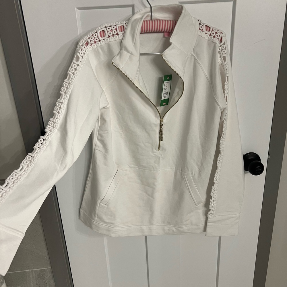 Lilly Pulitzer Skipper Popover Resort White lace lattice sleeves M NWT